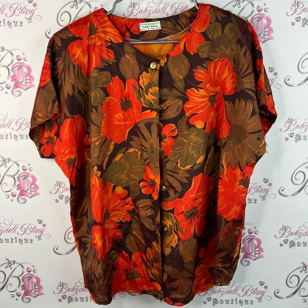 Chindamanee Thai silk shirt made in Thailand 🇹🇭 Floral Button-Up Blouse vintage